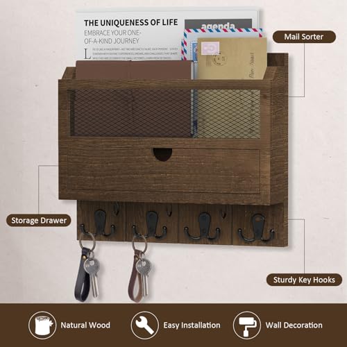 Nekon Mail Organizer with Drawer for Wall, 12"W x 10"H x 3.1"D Mail Sorter Wall Mounted, Wooden Key Holder Wall File Organizer Letter Sorter for Letter Magazines (Brown) - color: Brown