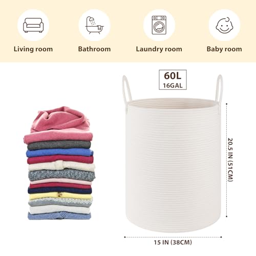 OIAHOMY Large Laundry Basket Hamper - 60L Cotton Rope Woven Basket for Blankets, Toys, Clothes - Tall Decorative Nursery Hamper with Long Handles, White - color: White, size: 60L