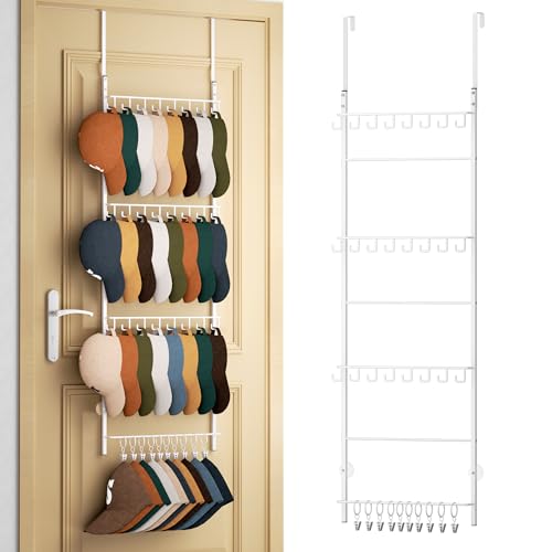 HapiRm Over Door Hat Organizer - 4 Tier Wall Mounted Hat Rack with 24 Hooks and 10 Movable Clips, Hanging Baseball Cap Organizer Storage Holds to 34 Caps for Door, Bedroom, Closet(White) - color: White, size: 4 Tier