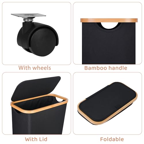 Slim Laundry Basket with Wheels,Narrow Hampers for Laundry,Freestanding Laundry Hamper with Lid&Bamboo Handles,Collapsible & Waterproof Tall Cloth Hamper for Dorm Family(60L Black) - color: Black, size: 60L with Wheels