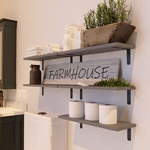 RICHER HOUSE Rustic Wood Bathroom Shelves Set of 5, Farmhouse Style Floating Shelf for Wall Décor, Hanging Shelves for Bedroom, Storage, Kitchen, Living Room - Gray - color: Grey, size: 5 Pcs:16.52in