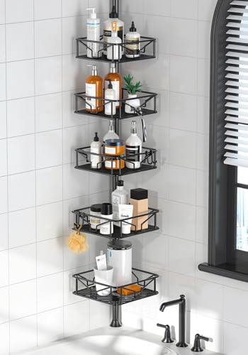 Skycarper 5 Tier Adjustable Corner Shower Caddy Organizer with Hooks,Rustproof Tension Pole 62-116 Inch, Black - color: Black