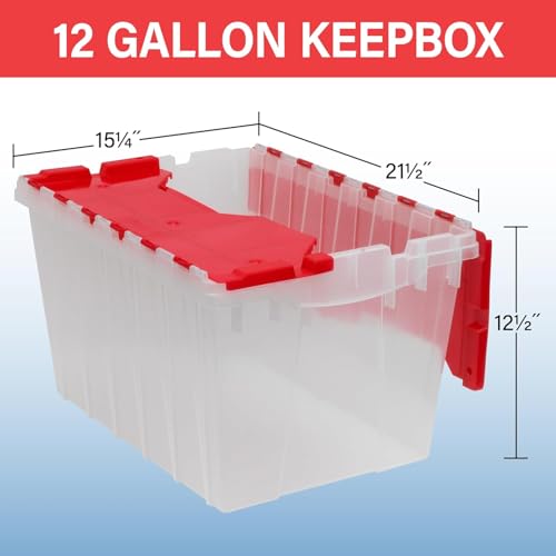 Akro-Mils KeepBox 12 Gallon Storage Container, Nesting and Stackable Plastic Storage Box with Lid Attached, Clear Tote for Garages, Closets, and Moving, 21-1/2" x 15" x 12-1/2", Clear/Red - color: Clear/Red, size: 12 Gallons