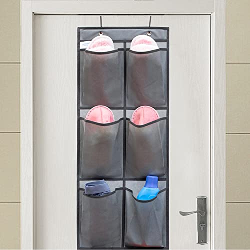 Over The Narrow Door Shoe Organizer Hanging 6 Large Fabric Pockets Back Door Shoe Holder for Closet with 2 Hooks (GREY) - color: GREY