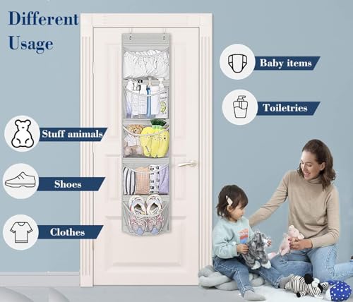 KEETDY Over the Door Organizer Storage for Closet with 5 Pockets Organizer for Bedroom Bathroom, 2 Pack - color: Light Grey
