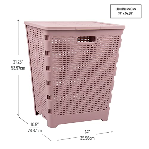 Mind Reader 61L Foldable Laundry Hamper, Clothes Basket, Lid, Wicker Design, Plastic, 18"L x 14.5"W x 21.25"H, Pink - color: Pink