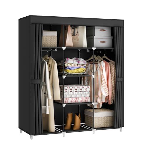 MOGELAFOO Portable Closet Wardrobe, 51-Inch Clothes Organizer with 2 Hanging Rods and 8 Shelves, Non-Woven Fabric Cover, Medium Capacity Storage for Bedroom and Living Room, Black - color: Black, size: 51"W x 18"D x 66"H