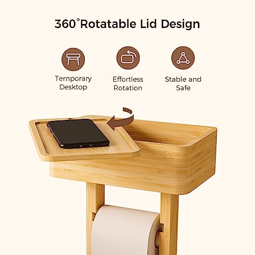 Wealone 4-in-1 Toilet Paper Holder Stand with Storage Shelf Box, 360° Rotating Bamboo Free Standing Toilet Tissue Roll, Toilet Wipes Dispenser Organizer Desktop for Bathroom Decor (Patented) - color: Natural