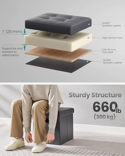 SONGMICS Mazie Collection - 15 Inches Ottoman with Storage, Footstool, Storage Ottoman with Metal Grommet Handles, Load 660 lb, for Dorm, Living Room, Bedroom, Synthetic Leather, Dark Gray ULSF030G01 - color: Dark Gray, size: 15"D x 15"W x 15"H