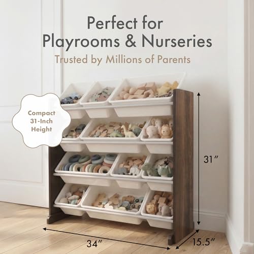 Humble Crew Toy Storage Organizer with 12 Removable Storage Bins for Kids Playroom, 4-Tier Toddler Toy Organization, Espresso/White - color: Espresso/White