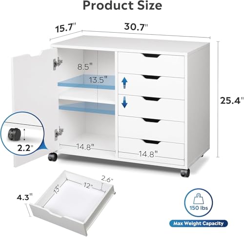 5-Drawer Wood Drawer Cabinet, Office Storage Cabinet with Adjustable Shelf & Wheels, Printer Stand for Home Office, White, 15.7" D x 30.7" W x 25.4" H - color: White