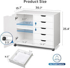 5-Drawer Wood Drawer Cabinet, Office Storage Cabinet with Adjustable Shelf & Wheels, Printer Stand for Home Office, White, 15.7" D x 30.7" W x 25.4" H - color: White