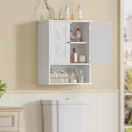 TEENFON Bathroom Wall Cabinet, Over The Toilet Space Saver Storage with Barn Doors & Adjustable Shelf, Hanging Medicine Cabinet, White 7.1" D x 15.4" W x 19.3" H - color: White