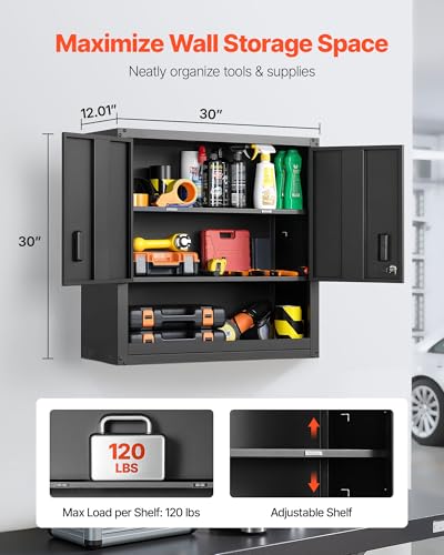 VEVOR Metal Wall Cabinet, 30W x 12.01D x 30H Inch, Steel Floating Hanging Storage Cabinet with Locking Doors and Adjustable Shelf for Garage, Basement, Kitchen, Warehouse Assembly Required, Black - style: Foldable 30" Open Grid