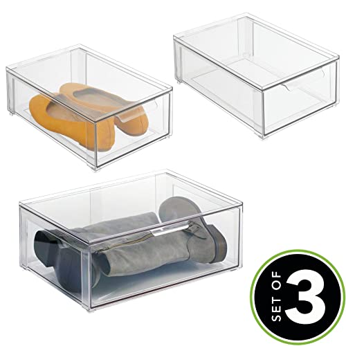mDesign Plastic Stackable Closet Storage Organizer Bin Containers with Front Pull Drawer for Cabinet, Desk, Shelf, Cupboard, or Dresser Organization - Lumiere Collection - Set of 3 - Clear - size: Mixed Sizes (Pack of 3)