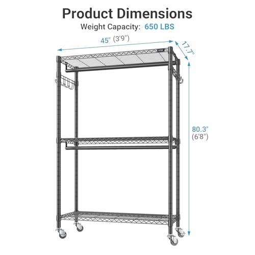 VIPEK R2 Plus Heavy Duty Rolling Garment Rack 3 Tiers Adjustable Wire Shelving Clothes Rack with Double Rods and Side Hooks, Freestanding Wardrobe Storage Rack Metal Clothing Rack, Black - color: Black, size: R2 Plus