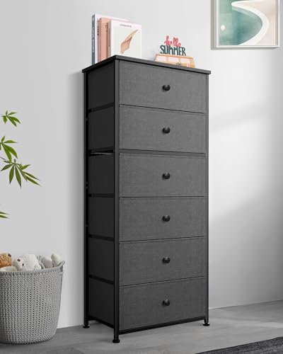 Mifuro Tall Fabric Dresser for Bedroom, Wide Vertical Storage Organizer Tower with 6 Drawers, Chest of Drawers with Bins, Steel Frame, Wood Top for Bedroom, Closet, Entryway Black - color: Grey, size: 6 Large Drawers