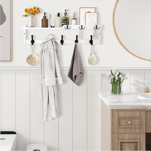 29'' Coat Rack Wall Mount with Shelf, Coat Hanger Wall Mount with Key Hooks and Mail Holder, Wood Entryway Floating Shelf with Hooks and Storage, Hat Rack for Wall Key Holder Mail Organizer - color: White, size: 29 Inch Long