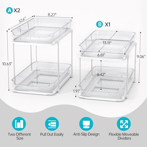 Delamu 3 Pack 2-Tier Bathroom Under Sink Organizers and Storage, Multi-Purpose Stackable Pantry Organization and Storage, Pull Out Clear Kitchen Bathroom Cabinet Organizer with Movable Dividers, White - color: White, size: 3 Pack 2-Tier