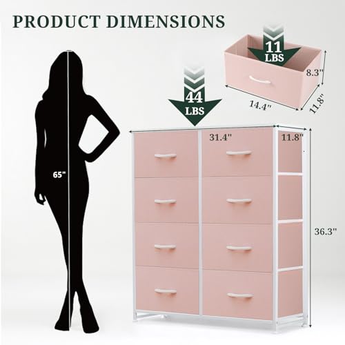 8-Drawer Dresser for Bedroom, Anti-Tip Tall Storage Organizer Chest of Drawers with Wooden Top and Metal Frame Fabric Bins for Closet, Living Room, Hallway, Entryway, Pink - color: Pink, size: 11.8"D x 31.4"W x 36.3"H (8 Drawers)