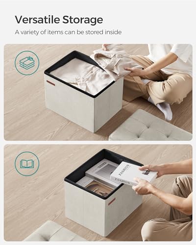 SONGMICS Storage Ottoman, Foldable Small Ottoman Foot Rest, 12.2 x 16.1 Inches Foot Stool, OAD up to 286 lb, for Living Room, Bedroom, Dorm, Cream White ULSF200W01 - color: Cream White, style: Velvet