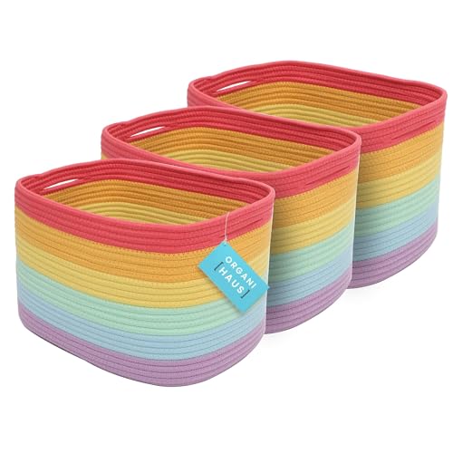 OrganiHaus Set of 3 Rainbow Baskets - Colorful Woven Storage Baskets for Playroom, Nursery & Classroom Decor, Toy Storage, 15x9x10 - color: Rainbow