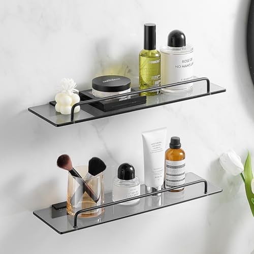 Voldra Glass Shelf for Bathroom, 2 Pack Adhesive Shower Shelves for Inside Shower No Drilling, Tempered Glass Showers Organizer with Guardrail Bathroom Shelf Storage Rack (Black) - color: Glass-Rectangle, size: 2 Pack