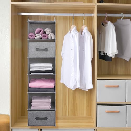 Large Hanging Sweater Organizer for Closet,Collapsible 6-Shelf Hanging Closet Shelves with Drawers, Washable (Grey-6 Shelf-2 d) - color: Dark Gray, size: 6 Shelf with 2 drawers