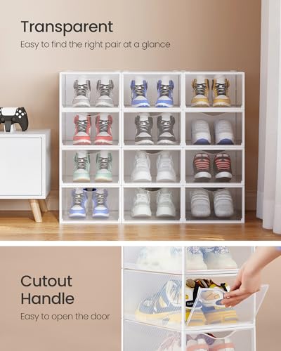 SONGMICS Shoe Boxes, Shoe Storage Organizers Rack for Closet, Plastic Stackable Sneaker Containers Case, 12 Pack, Transparent and Cloud White ULSP312W01 - color: Transparent + Cloud White, size: 12 Count Fit Size 11