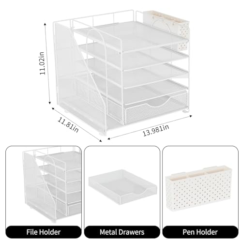 Desk Organizer with Drawer and Pen Holder, 5-Tier Paper Letter Tray Organizer with File Holder, Suitable for Workspace Organizer Office Supplies Storage (White) - color: White