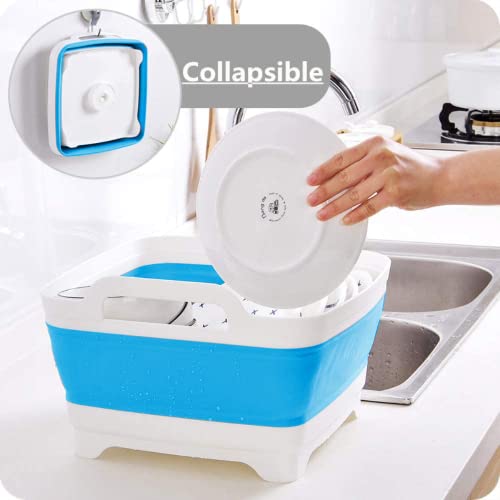 FOSJGO Dish Basin Collapsible with Drain Plug Carry Handles for 9 L Capacity, Collapsible Sink Tub, Dish Wash Basin, Portable Dish Tub, Foldable Dishpan for Camping Dish Washing Tub and RV Sink - color: Sky Blue