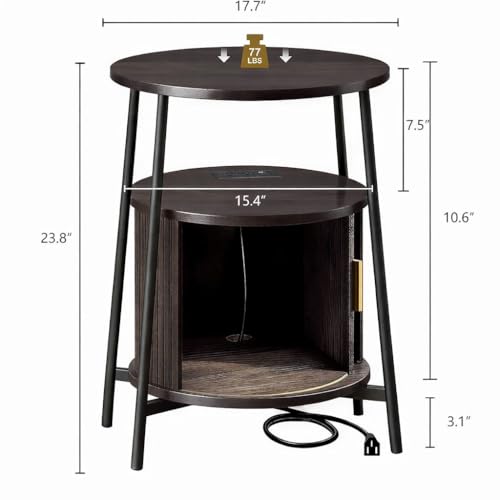 Round End Tables Set of 2: Fluted Side Table with Drawer & Charging Station, Mid-Century Modern Nightstand with Sliding Door for Small Space Storage, Living Room, Bedroom - color: Dark Walnut, size: 2 PACK