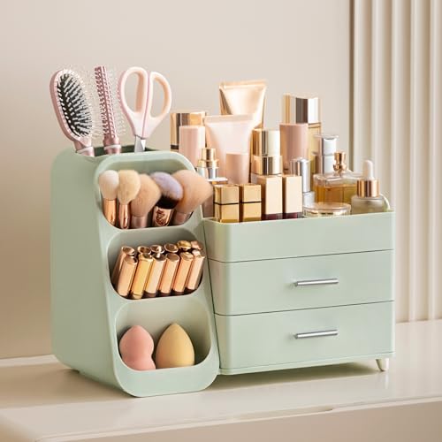 HBlife Makeup Organizer with Brush Holder for Vanity, Large Plastic Bathroom Countertop Organizer Skin Care Storage, Easy to Store Lipsticks, Nail Polishes, Perfumes, Eyeshadow Palettes, All Green - color: All Green, size: Large