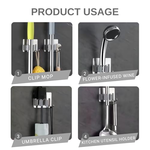 Mop and Broom Holder Wall Mount,Broom Holder Wall Mount,4 Pack Stainless Steel Broom Holders,with Strong Grip, Nail-Free Glue Installation,for Bathroom, Laundry,Office
