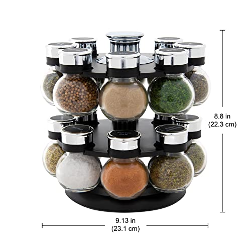 Kamenstein Ellington 16 Jar Revolving Spice Rack with Prefilled Spices - Rotating Chrome and Plastic Countertop Organizer with Sifter Caps and Labeled Lids - size: 16-Jar, style: 16-Jar Ellington