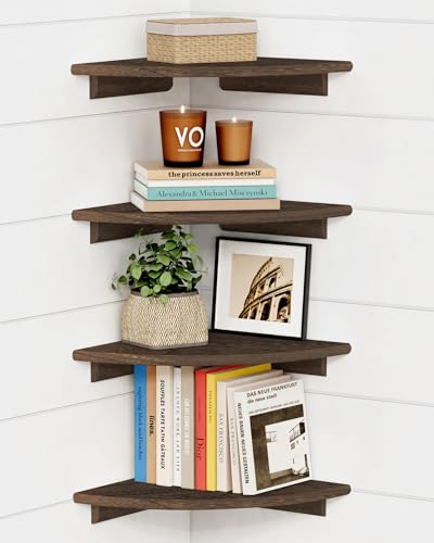 Forbena Large Corner Floating Shelves for Wall Set of 4, 12 Inch Deep Wall Mounted Corner Shelves for Bedroom, Livining Room, Farmhouse Hanging Bookshelf Bookshelves (Rustic Brown) - color: 3. Rustic Brown, size: 12" Depth