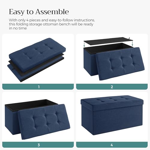 SONGMICS MAZIE Collection - 30 Inches Folding Storage Ottoman Bench, Ottoman Foot Rest, End of Bed Bench, Storage Chest, Load 660 lb, for Living Room, Bedroom, Entryway, Midnight Blue ULSF47IN - color: Midnight Blue, size: 15"D x 30"W x 15"H