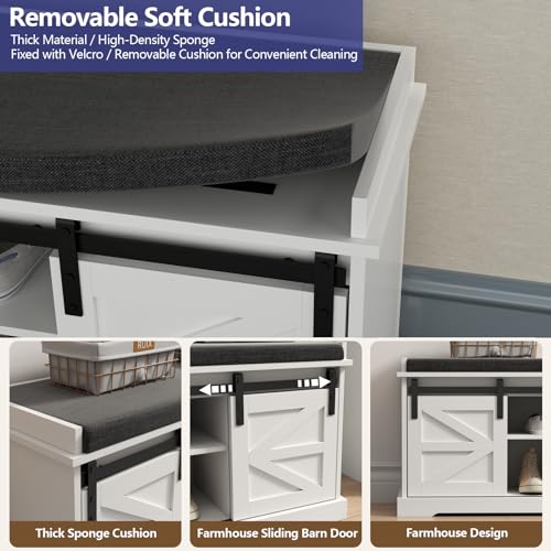 Loomie Shoe Storage Bench, 2-Tier Farmhouse Entryway Bench with Sliding Barn Door Storage Cabinets & Full Soft Removable Seat Cushion, Silm Shoe Rack with Shoe Cabinet for Entryway, Hallway, Bedroom