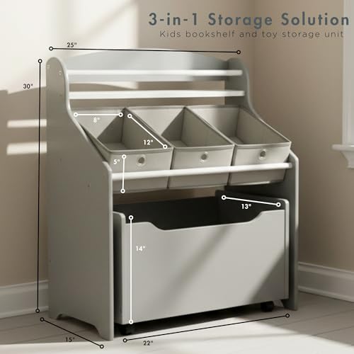 Humble Crew 3-in-1 Kids Bookshelf and Toy Storage Organizer, Grey - Toddler Organizers with Rolling Toy Box and 3 Fabric Bins – Sturdy Baby Book Shelf, Perfect for Nursery and Playroom - color: Grey/Grey