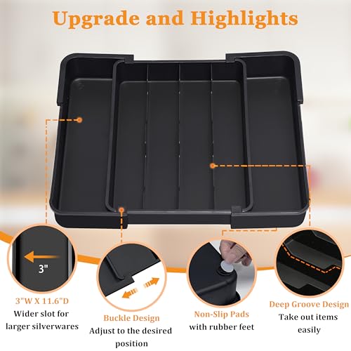 Homecor Silverware Organizer - Expandable Kitchen Drawer Organizer Utensil Holder, BPA Free Flatware and Cutlery Tray for Spoons Forks Knives, Plastic Kitchen Organizer and Storage - color: Black, size: Medium(9.5-15.6"W x 12.3"D)