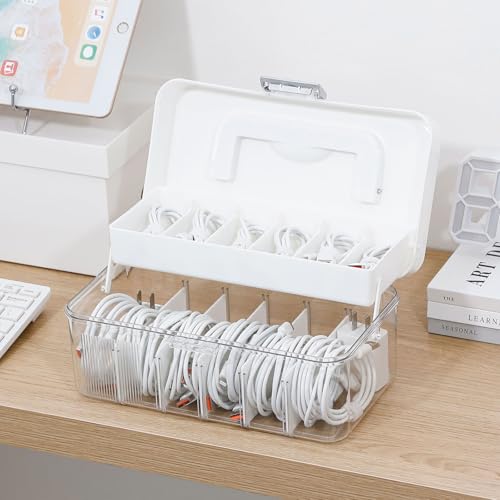 Large Cable Organizer Box with Lid, Plastic Cord Storage Case with Handle and Wire Ties for Home Office, Phone Charger, Art Crafts, Stationery - size: 1 Pack