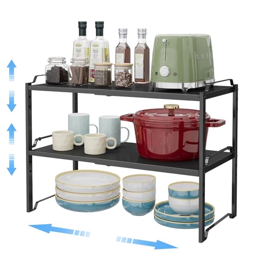 2 Pack 11” Width Expandable Kitchen Cabinet Organizer Shelves, Metal Kitchen Countertop Organizers and Storage Shelving, Heavy Duty Stackable Storage Rack Shelf For Pantry Cupboard Counter Tabletop - color: Black