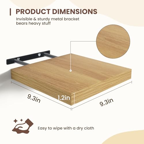 Fun Memories Square Floating Shelves for Wall - 9.3 Inch Deep Floating Shelves with Invisible Brackets, Oak Small Wall Shelf for Living Room, Bathroom, Bedroom, and Kitchen Decor Set of 4 - color: Oak, size: 9.3"W x 9.3"D - 4P