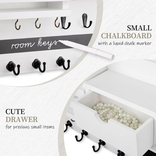 Nekon Key Holder Wall Mount, Rustic Mail and Keys Shelf for Wall Organization with 13 Hooks, Home Decor Accessory with Drawer, White - color: White
