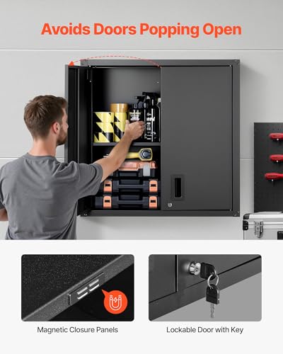 VEVOR Metal Wall Cabinet, 30W x 12.2D x 30H Inch, Steel Floating Hanging Storage Cabinet with Locking Doors and Adjustable Shelf for Garage, Basement, Kitchen, Warehouse Assembly Required, Black - style: Foldable 30" Without Open Grid