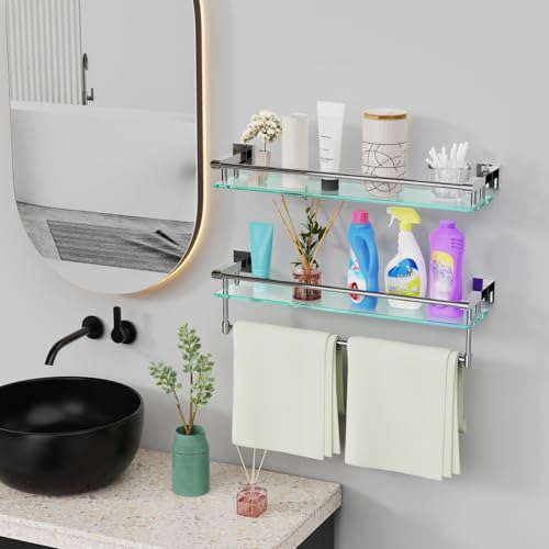 Glass Shelf for Bathroom Wall Sheves 24 inches Rectangular Stainless Steel Tempered Glass Modern Wall Mount Accessories Organizers Storage (Chrome Polished, 24‘’) - color: Chrome Polished, size: 24'' with Railing