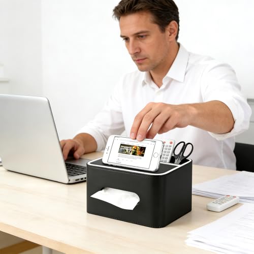 PU Leather Tissue Box Cover Square - Multifunctional Tissue Box Holder with Storage, Tissue and Remote Control Holder Organizer with Compartments for Bedroom Nightstand, Desk, Living Room (Black) - color: Black