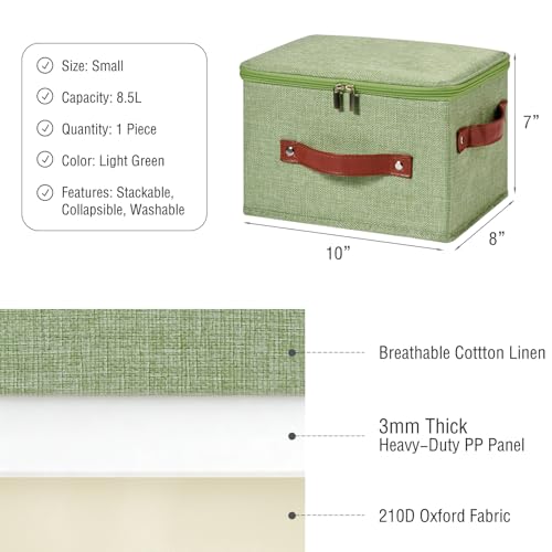 Storage Bin Box with Zippered Lid Cotton Linen Fabric Decorative Basket PU Leather Handles PP Plastic Board Foldable Lidded Clothing Shelf Closet Organizer Container (Light Green, Small) - color: Light Green, size: Small ( Pack of 1 )