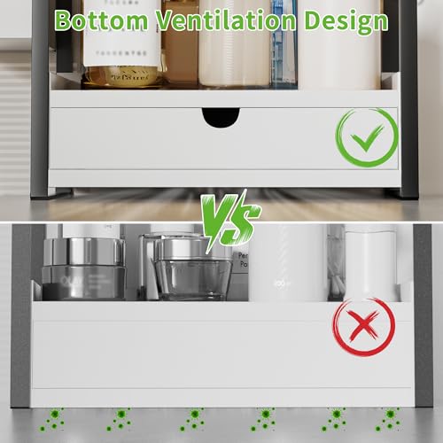 Kottwca 2-Tier Bathroom Counter Organizer with Drawer, Basket & Hooks, Wooden Vanity Shelf for Skincare, Perfume & Makeup Storage(White) - color: White