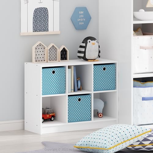 Furinno BASIC Book Shelf, 6-Cube Bookshelf with Open Shelf, 3 x 2 Bookcase with Storage Bins, Closed Back, Horizontal, 11.9 x 31.6 x 23.6, for Living Room, Bedroom, Home Office, White/Light Blue - color: White/Light Blue, size: 6-Cube with Bin